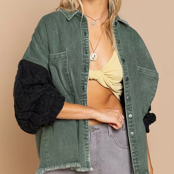 NEW Boho Oversized Cable Knit Distressed Denim Shacket Top Jacket Green Black - Picture 6 of 8
